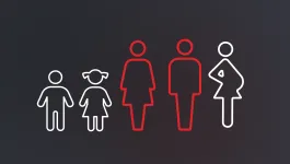 From left to right, boy and girl, male and female, pregnant woman silhouette  icon outlines all on a black background